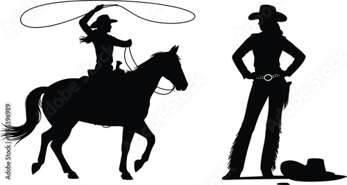 Black silhouette vector of cowgirl riding horse with lasso and standing woman in western wear, isolated on white background,
