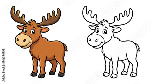 Cute Cartoon Moose Character Coloring Page Illustration