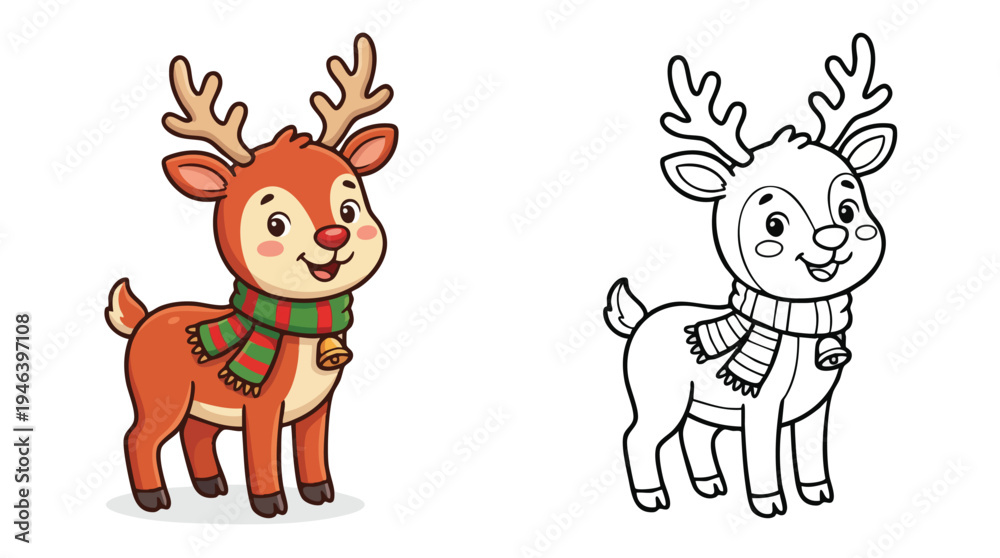 Fototapeta premium Christmas Reindeer with Scarf Coloring Book Page