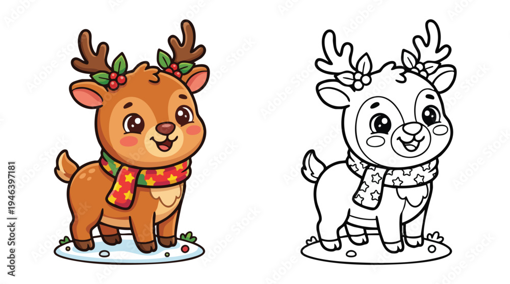 Fototapeta premium Cute Reindeer with Scarf and Berries for Christmas Coloring Book