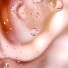 Bubbles rise in a glass containing pink liquid on a bright background during a sunny afternoon