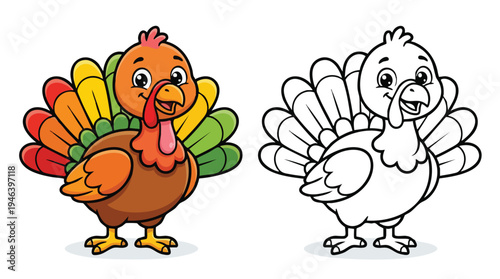 Turkey Coloring Book Page for Kids Cute Cartoon Character