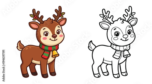 Cute Coloring Book Page with a Festive Reindeer Wearing a Scarf