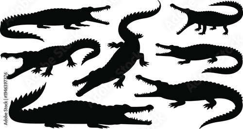 Black crocodile and alligator silhouette collection featuring dangerous African Nile reptiles with open jaws and scaly tails isolated on white background