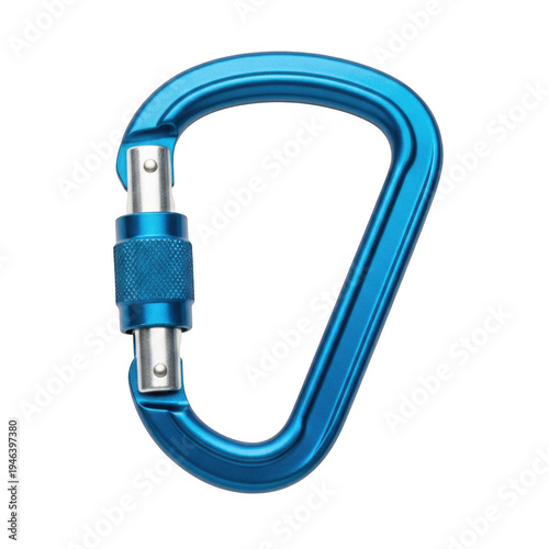 Blue carabiner with silver accents and textured grip isolated on transparent background