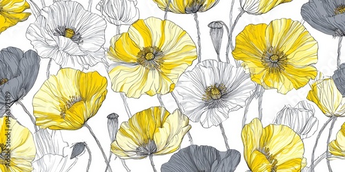 yellow and gray poppy flowers pattern, white background, seamless design