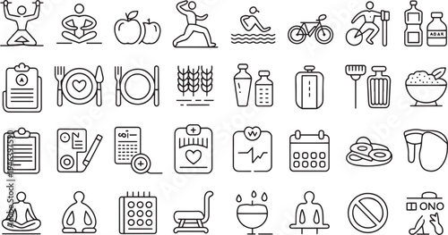 Collection of health and fitness icons representing exercise healthy eating and medical checkups