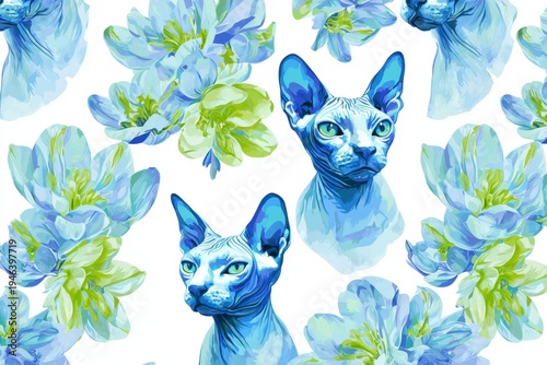 seamless pattern of sphinx cats art of bold watercolor, light blue and neon green flowers on a white background