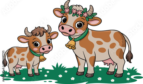 Cute cartoon cow and small calf characters standing on green grass with flowers isolated on white background