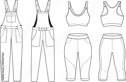 White and gray overalls, sports bras, and leggings in a line-up