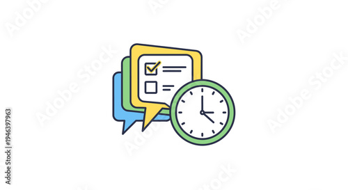 Colorful clock and speech bubbles icon.