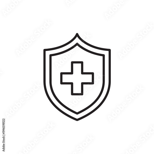 Medical shield line icon for healthcare protection, hospital insurance, clinical safety and viral defense solutions.