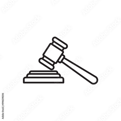 Justice gavel on sound block line icon. Legal law, court authority, judicial system and auction hammer symbol design.