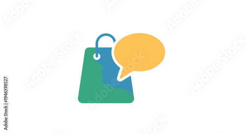 Colorful shopping bag with speech bubble.