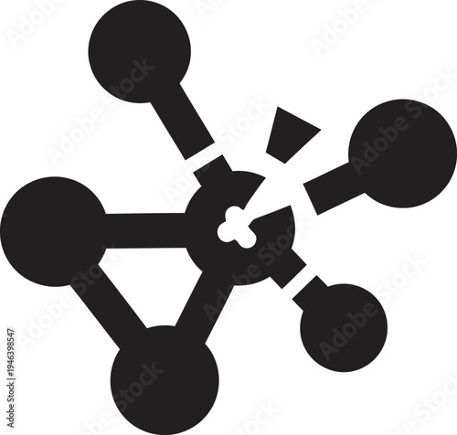 Black molecular structure icon with broken bond