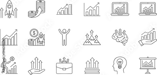 Business Growth and Financial Success Line Icon Set Featuring Rocket Launch Profits Career Development Strategy Innovation Data Analysis and Progress Symbols