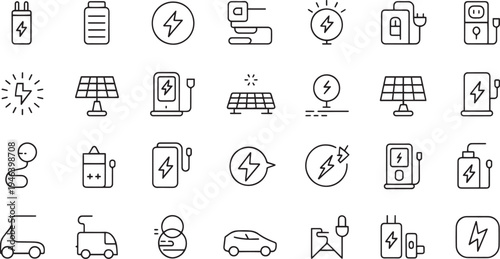 Collection of modern line art icons representing electric energy and sustainable technology for charging vehicles and power generation