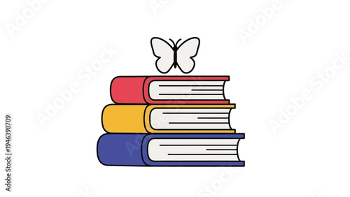 Stack of Colorful Books with Butterfly.