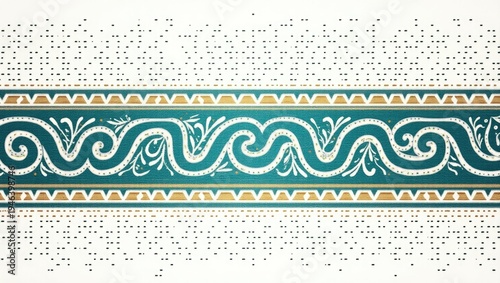 A teal and gold decorative border design with flowing curves and ornate detailing, set against a speckled white background.