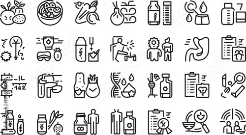 Collection of simple black line art icons representing science health and research concepts on a white background