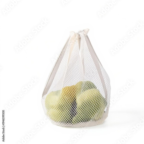 Green Apples in a Woven Mesh Shopping Bag on White Background Still Life
