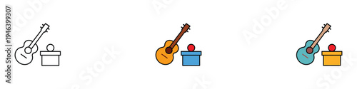 Busking icon set. Street musician performance and charity funding symbols. Vector Illustration.