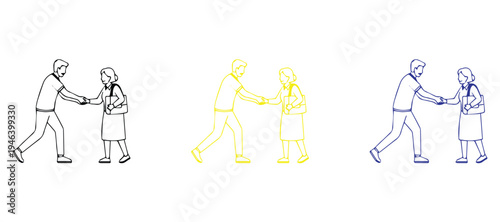 Minimalist Line Art Handshake Icon Vector Set, Professional Man and Woman Shaking Hands Business Greeting, Success Partnership and Teamwork Agreement Outline Illustration, Clean Stroke Design
