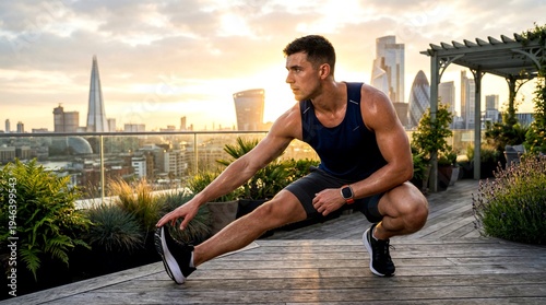 Athletic man stretching during sunrise workout on rooftop with modern city skyline symbolizing fitness wellness healthy lifestyle strength endurance and active living