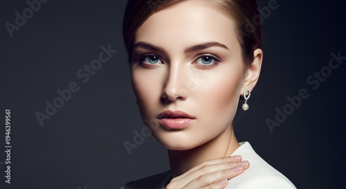 Elegant young woman with professional makeup and pearl earrings posing against a dark background