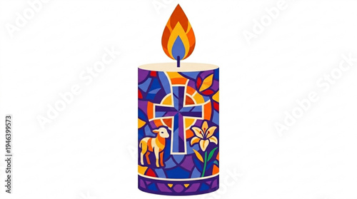 Colorful decorative candle with cross, lamb, and floral design  