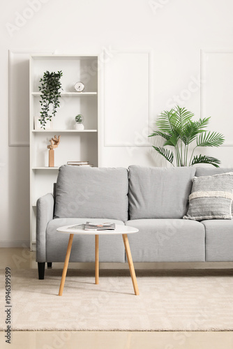 Interior of light living room with grey sofa, table and shelf unit