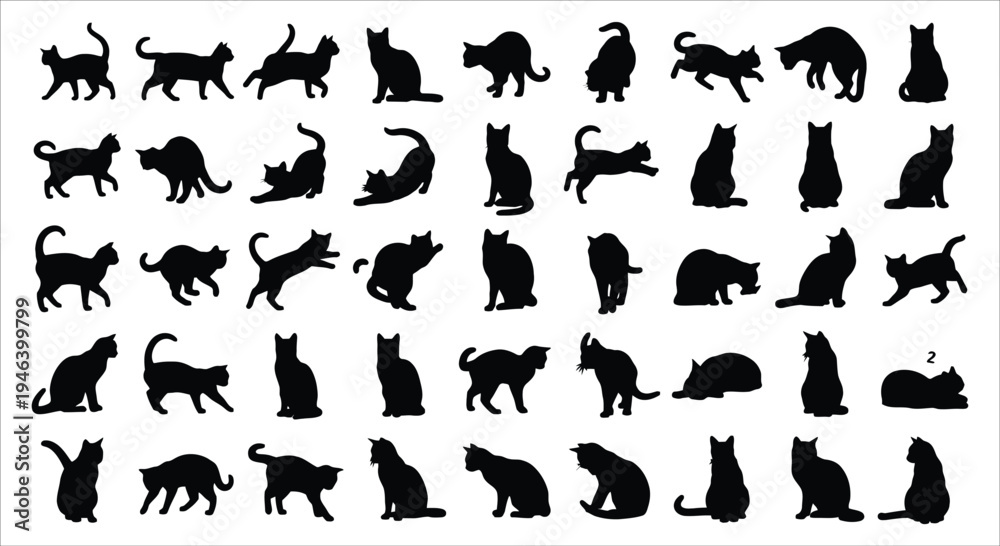 Obraz premium A collection of black silhouettes depicting various cat poses and orientations