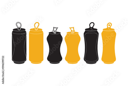Row of stylized black and yellow aluminum beverage cans with pull tabs on a white background.