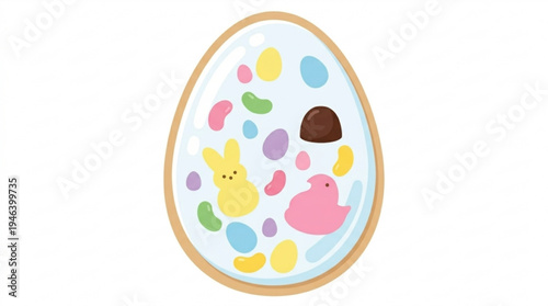 Colorful Easter egg filled with jellybeans and marshmallow chicks  