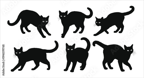 A collection of sleek black cat silhouettes in various playful poses