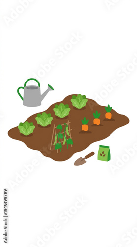 Vegetable garden with lettuce and carrots, watering can and shovel  