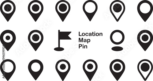 Collection of various black location map pin icons and a flag on a transparent background for graphic design