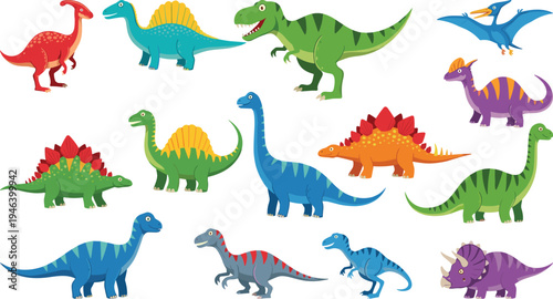 Colorful cartoon dinosaur set with Tyrannosaurus Rex, Stegosaurus, Triceratops, Brachiosaurus, and Pterodactyl isolated on white background for kids education and design
