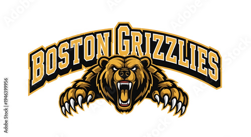 Mascot logo of a growling grizzly bear with powerful paws and text arched above it