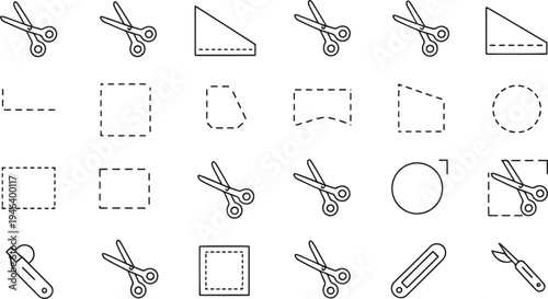 Collection of various scissor and dashed line shapes for cutting and design purposes isolated on transparent background
