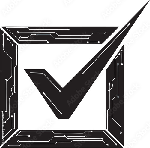 Black check mark symbol in circuit board frame