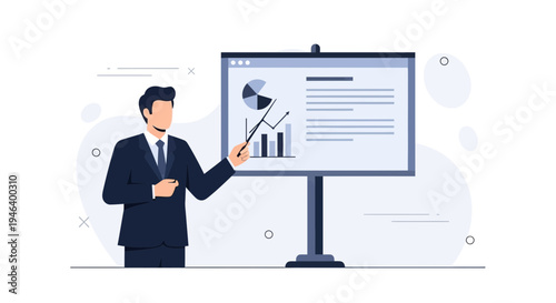 Businessman presenting financial report with charts on screen, business meeting concept