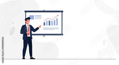 Businessman presenting financial growth chart on screen, pointing to upward trend