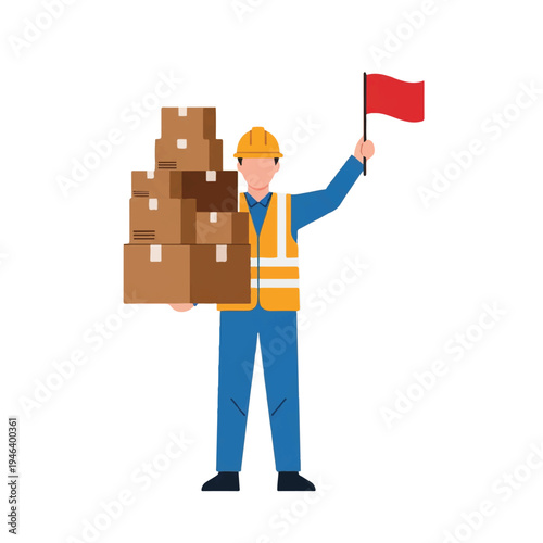 Man holding boxes and red flag.