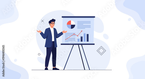 Business man presenting financial data on a whiteboard with charts and graphs