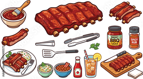 BBQ ribs and barbecue grill food vector illustration set with smoked pork ribs, sauce brush, spices, sides and grilling tools