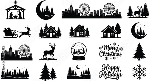 Flat vector illustration of Christmas, holiday season, winter celebration, festive decorations, nativity scene, Santa sleigh, pine trees, snowflakes
