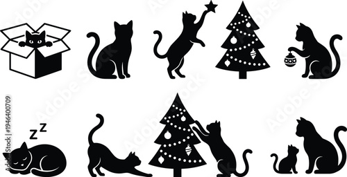 Flat vector illustration of cats, Christmas trees, holiday ornaments, festive pet behavior, seasonal decoration, playful animals, winter celebration design