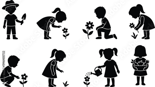Flat vector illustration of children gardening, nature activity, planting flowers, harvesting vegetables, outdoor learning, environmental education, kids silhouette