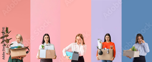 Cuadro en lienzo Set of fired female workers on color background